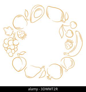 Fruit wreath illustration with apple, banana, pear, avocado, grapes and strawberry in line art style. Decorative border on white background for Stock Vector