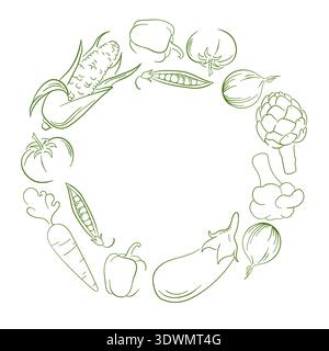 Line art style vegetable wreath illustration with corn, tomato, carrot, eggplant, artichoke and pepper. Circular frame on white background for healthy Stock Vector