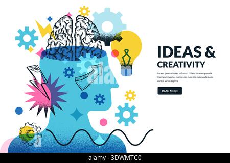 Vector trendy sketch collage with human head, light bulb, brain and gears. Business illustration. Abstract creative concept of creative thinking, ment Stock Vector