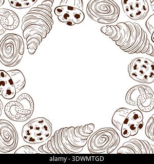 Line art style bakery border illustration with pastry. Rustic food illustration on white background for menu, card, invitation and branding. Stock Vector