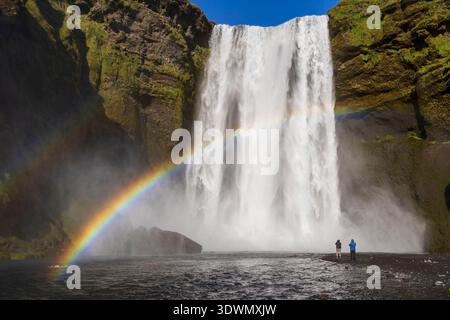 Iceland, Sudurland Region, Skogar, tourists in front of Skogafoss waterfall Stock Photo
