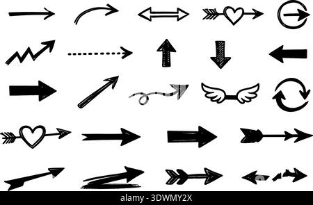 Sketch arrows and frames. Hand drawn arrow, doodle divider and circle, oval and square frame vector set. Stock Vector