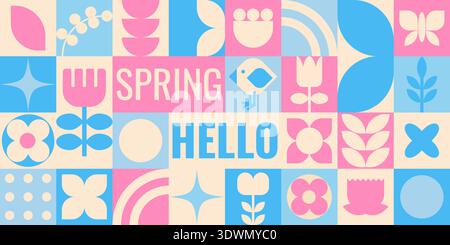 Hello, spring geometric banner in pink and blue colors. Geometric frame with flowers, leaves, and abstractions. Stock Vector