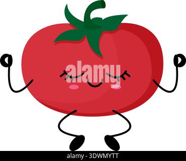 Illustration of Funny Tomato Character in meditation pose. Cute Flat Style. Stock Vector