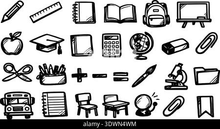 School vector set. Hand drawn studying collection. Doodle back to school sketch illustrations. Stock Vector