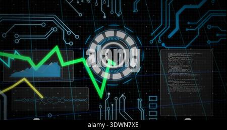 Displaying central circular HUD intersecting green trend line on virtual console, with blue chart Stock Photo