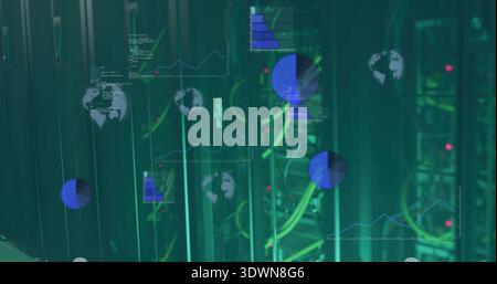Showing server racks with switches and bundled green yellow cables in datacenter, with LEDs, charts Stock Photo