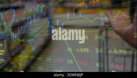 Displaying candlestick chart overlay streaming on office monitor, showing tick data, percent labels Stock Photo