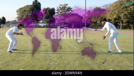 Facing two players in white on park field, holding cricket bat with purple map overlay Stock Photo