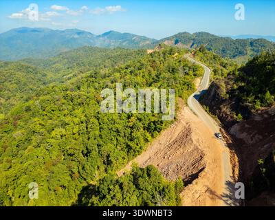 Laos, Luang Prabang province, mountain road 4B between Pakbeng and Luang Prabang, road collapse (aerial view) Stock Photo