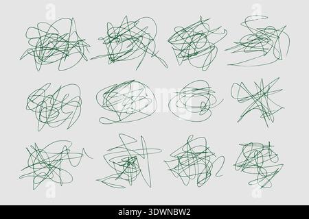 Messy pen scratch abstract doodle set, chaotic green ink scribbles on white background, expressing confusion, creativity or brainstorming, hand drawn random lines, modern minimal illustration concepts Stock Vector