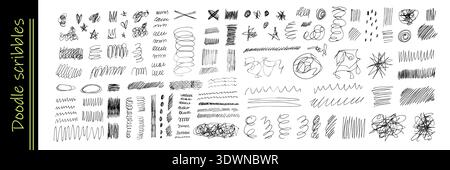 Hand-drawn pen scribbles and chaotic doodles create messy artistic strokes, circles, and squiggly lines with expressive marker textures for creative sketching projects Stock Vector