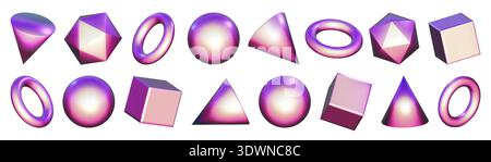3D iridescent shapes, rectangular holographic element. Pink solid triangle pyramid, y2k square hexagon and circle ring. Abstract objects for purple Stock Vector