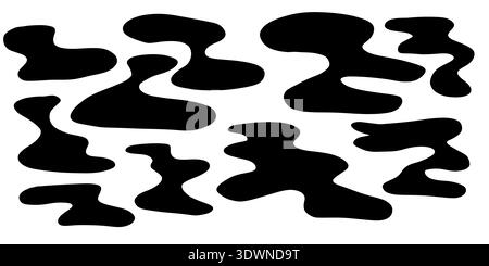 Black fluid puddle shapes with smooth wavy silhouettes and flowing liquid forms. Minimal vector splash set for backgrounds frames stains and modern Stock Vector