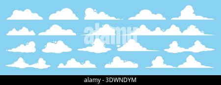 A set of vector cloud icons in white on a blue background. Elements for your design. Stock Vector