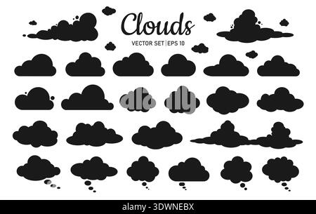 A set of silhouettes of black clouds of different shapes and sizes on a white background. Stock Vector