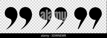 A set of vector black quotes on a transparent background. A collection of three round quotation marks of different shapes, made on a transparent Stock Vector