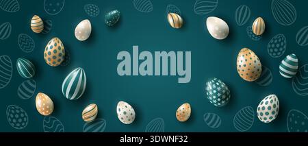 Festive Easter background with golden, white and blue eggs and on a dark blue background. Stock Vector