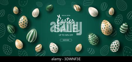 Easter Sale Banner Background. Easter holiday banner design with decorative eggs on a green background. Stock Vector