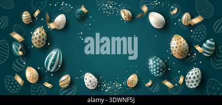 Festive Easter background with eggs and streamers on a dark blue background. Stock Vector