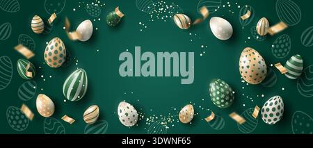 Festive Easter background with golden, white and green eggs and on a dark green background. Stock Vector