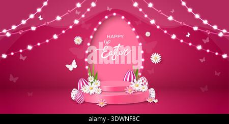Easter postcard with a stage, podium, egg-shaped arch and garlands on a scarlet background. Stock Vector
