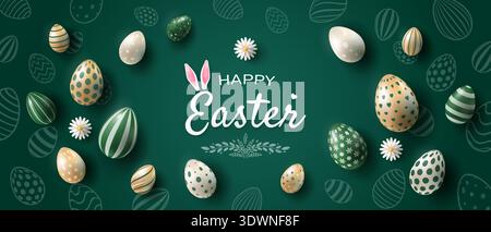 Easter background with eggs. Lots of gold, white and green realistic eggs on a green background. Stock Vector