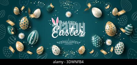Festive Easter background with eggs, flowers, streamers and lettering. Stock Vector