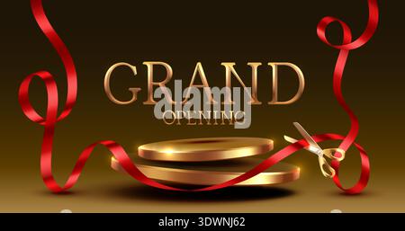 Elegant Grand Opening banner with golden text, pedestals, red ribbon, and scissors. Perfect for festive events. Vector illustration Stock Vector