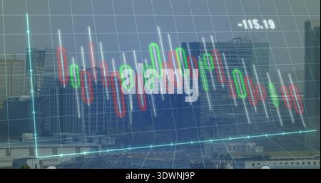 Displaying candlestick overlay floating over city skyline, with red green candles, baseline -115 Stock Photo