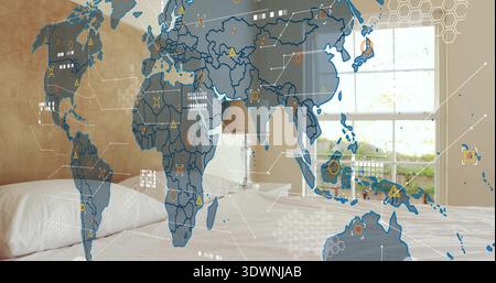 Projecting translucent digital world map overlay spanning bedroom, showing bed, lamp, window Stock Photo