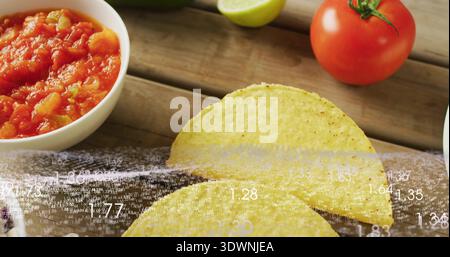 Showing two folded yellow corn tortillas lying on wooden table with salsa tomato lime data overlay Stock Photo