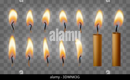 Flame on match, Bday cake glowing candle set. Light memory candle fire, small 3d transparent isolated candlelight. Birthday wedding blow out heat Stock Vector