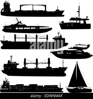 Set of black silhouette ships and yachts isolated on white. Collection includes sailing boats, motor yachts, container vessel and cargo freighter with Stock Vector