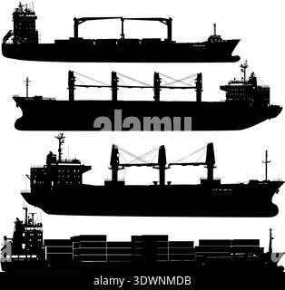 Set of black silhouette cargo ships isolated on white. Collection includes container vessel and multi-purpose freighter with cranes. Industrial graphi Stock Vector