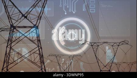 Displaying steel pylons and power lines at dusk, overlaying HUD rings, circuit traces, data panels Stock Photo