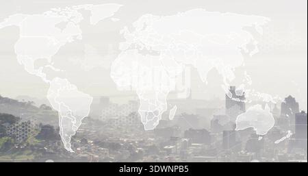 Displaying translucent world map overlay over elevated overlook, featuring hexagonal network nodes Stock Photo