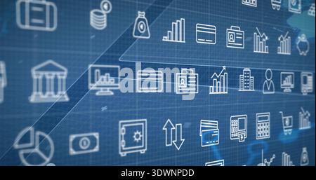 Displaying dense grid of finance icons centered on digital dashboard, with bank, screen, card Stock Photo