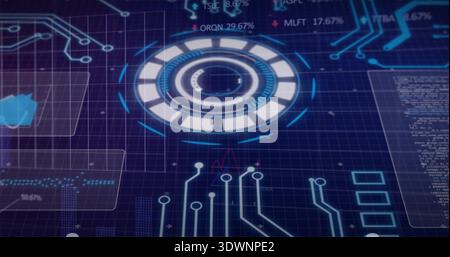 Animating central circular HUD element rotating over dark grid plane, showing data panels, code Stock Photo
