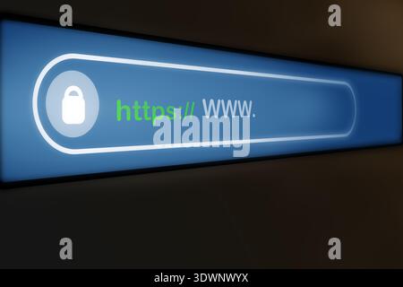 Glowing https address bar with padlock icon representing secure internet connection, SSL encryption and online privacy protection concept. Stock Photo
