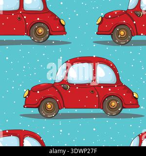 Seamless pattern with cute cars on color background. Cartoot transport. Vector illustration. Doodle style. Design for baby print, invitation, poster Stock Vector
