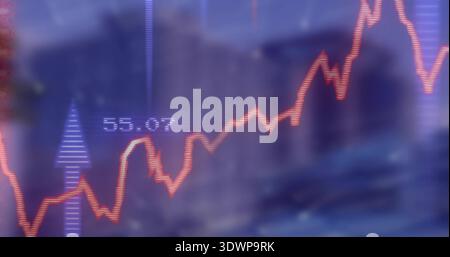Displaying red-orange line tracing uptrend on screen with faint grid and blur, purple arrow 55 Stock Photo