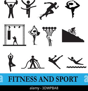 Set of 12 fitness and sport icons vector. Silhouettes represent various fitness and sports activities. Images include weightlifting, dance, running, Stock Vector