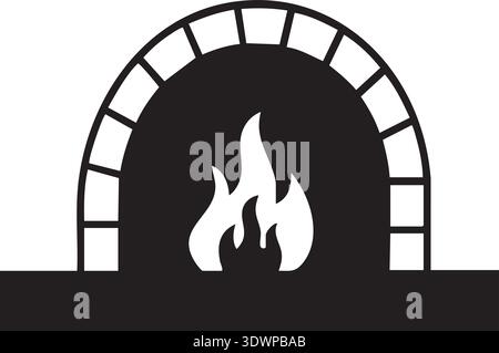 Fireplace Silhouette with Burning Flame Icon featuring a classic hearth design with a bold flame inside. This minimalist black and white icon showcas Stock Vector