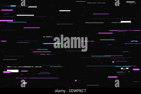 Glitch abstract effect. Color lines and pixels on dark background. Video signal error. Distorted texture with random shapes. Digital data with overlay Stock Vector