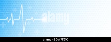 Medical background. Healthcare design template. Heartbeat pulse and white crosses on blue backdrop. Biology or science wallpaper with soft blue Stock Vector