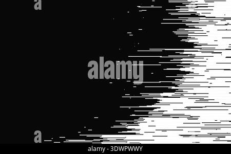 Glitch white noise. Abstract distorted lines effect on black background. Digital video signal error. White horizontal distortions and pixels Stock Vector