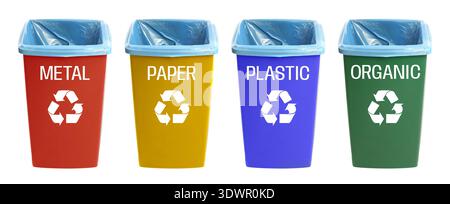Garbage cans in different colors for waste separation isolated on white. Each for different types of trash (paper, plastic, organic and metal) Stock Photo