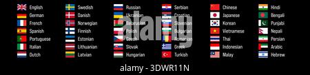 World main languages. Set of 42 language labels with flag and English name. Vector icon and text. Applicable to product labeling, translators, communication templates. Stock Vector