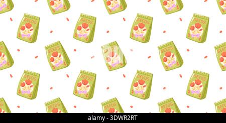 Seamless spring pattern with seed packets with tulip illustration on white background. Vector cozy seasonal print. Stock Vector